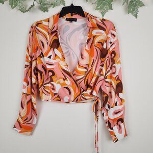 Eloquii Size 16 Long Sleeve Collared Multicolor Wrap Crop Top